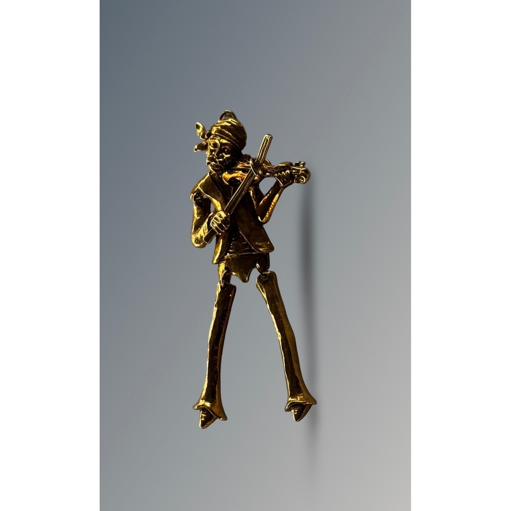 Vintage Gold Tone Violin Player Pendant Articulated Musician Charm‎